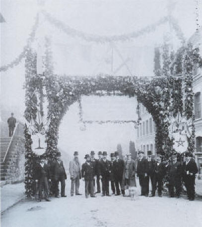 Masons in street with banner